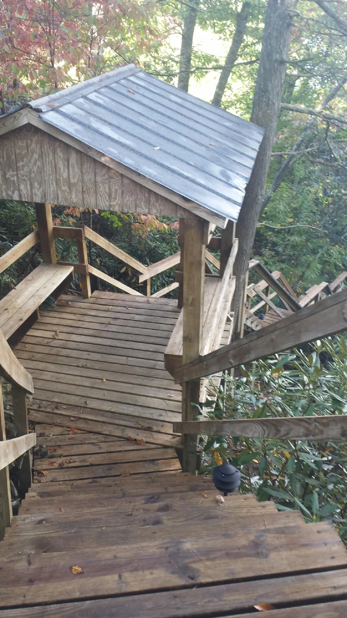Metal roofed shelter over wooden steps on a wooded walkway — Skylight Repair & Installation work by our crew in San Francisco